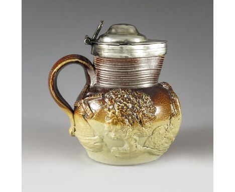 Thomas and Daniel Leader, Sheffield 1813, a George III silver mounted salt glazed stoneware mustard pot, relief moulded and s