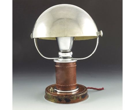 Paul Dupre Lafon for Hermes, an Art Deco leather and chrome table lamp, the rotating hemispherical shade supported on two arm