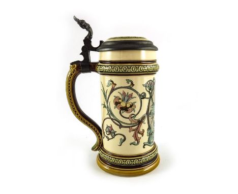 R Buch for Mettlach, Villeroy and Boch, a half litre stein, printed under glaze with man smoking, number 1530, circa 1894, pe