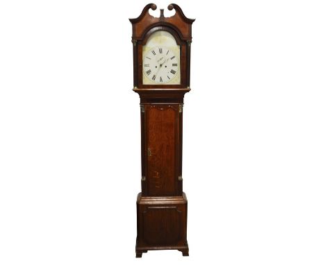 A George III oak and mahogany crossbanded longcase clock, the 12 inch white enamelled dial with Roman numerals, under a swan 