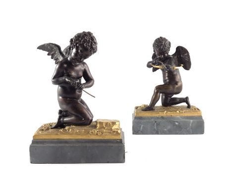 A pair of 19th century bronze and ormolu figures of winged putti, one modelled with bow and arrow, the other kneeling mending