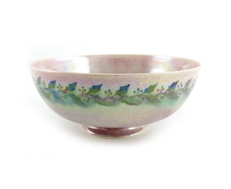 William Howson Taylor, a Ruskin eggshell lustre bowl, circa 1911, footed hemispherical form, painted with a band of holly, on