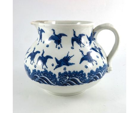 Christopher Dresser for Minton, a blue and white Japanese Crane jug, squat baluster form, printed and impressed marks, 20cm h