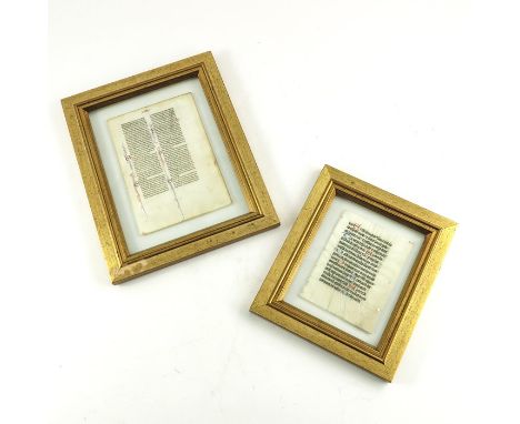 Two double sided Medieval vellum illuminated manuscript pages, 14th century, hand scribed in Latin with coloured letters and 