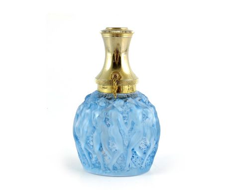 Rene Lalique, a Calendal glass atomiser, model Molidard Atomizer 6, blue stained, with gilt metal mount, relief moulded mark 