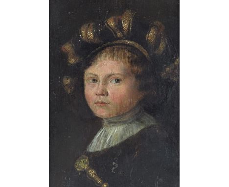 German School, 16th Century, Portrait of an Aristocratic Boy in Bonnet, oil on panel, circa 1530s, 26.5cm x 19cm, framed