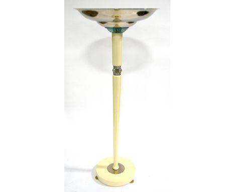 A French Art Deco Uplighter Floor Lamp, 1930s, the central tapered lacquered support mounted with circular glass and chrome d