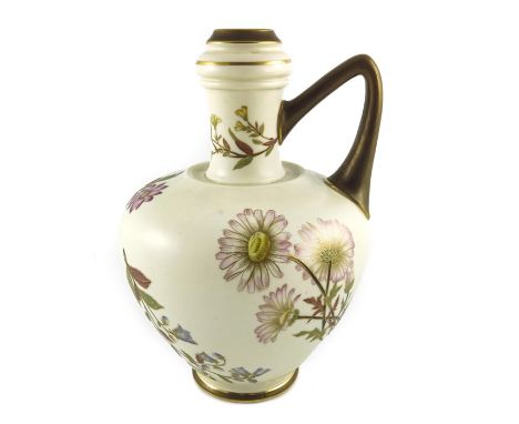 A Royal Worcester blush ivory jug, 1887, ovoid shouldered form with knopped neck and angled handle, painted with floral sprig