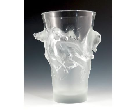 Lalique, an Equus limited edition glass vase, designed 2012, number 213 of 999, relief moulded frosted horses on a flared tru