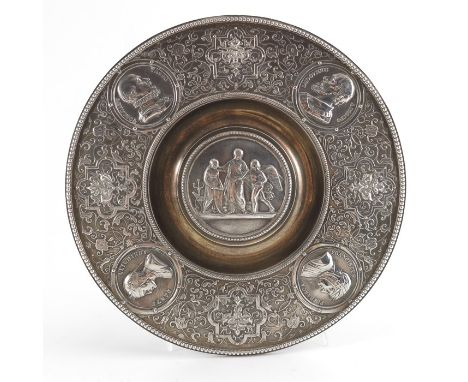 An Elkington electrotype inkwell, circa 1860, cast in the Renaissance style with portrait medallions of poets and philosopher