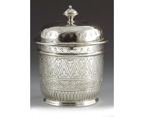 Duchess of Sutherland Cripples Guild, an Arts and Crafts silvered copper tea caddy, circa 1899, in the Gothic Revival style, 