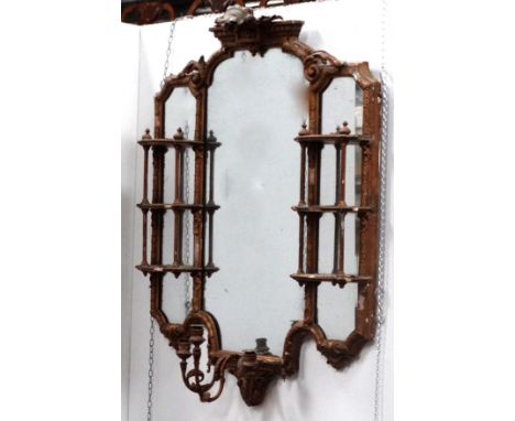 A Victorian gilt composition girandole wall mirror - the central plate with a vase cornice and flanked by narrow rectangular 