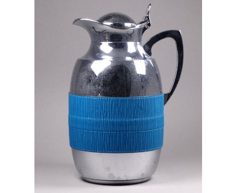 A GioBagnara vacuum flask - polished chrome with a taupe textured leather band, height 24cm.