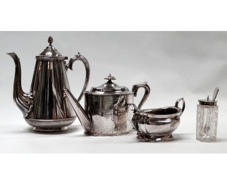 A George III style silver plated teapot - of oval form with bright-cut decoration, together with a coffee pot, a sucrier, cut