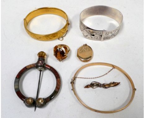 A Scottish white metal plaid brooch - set with hardstones, together with 9ct gold bar brooch, a silver bangle, two further gi