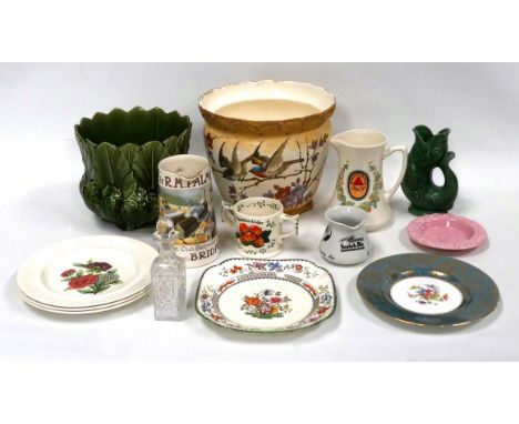 A small quantity of brewing related ceramics - including a pink glazed Carlsberg ashtray, a twin handle cider mug and three w