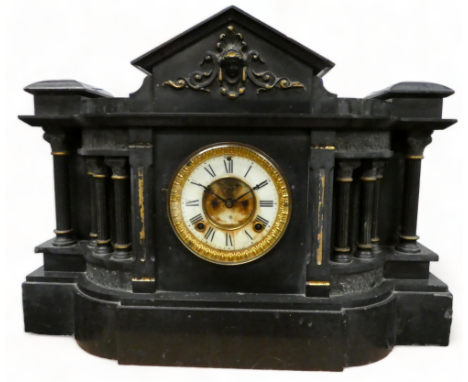 A late 19th century black marble portico mantle clock - with a Brocart movement, the cream chapter ring set out in Roman nume