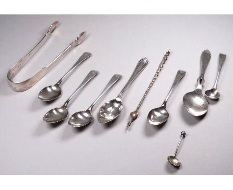 A set of four Georgian silver teaspoons - engraved with ownership initial, together with a pair of sugar nips, two preserve s