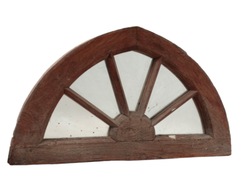 A teak fan light - with mirrored back, width 75cm, height 42cm.