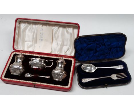 A silver three piece cruet set - Birmingham 1903, of part gadrooned baluster form, boxed, together with a Victorian silver ch