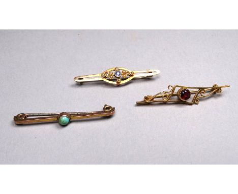 A 9ct gold bar brooch - set with a red stone, a 9ct gold pearl set bar brooch and another 9ct gold bar brooch set turquoise, 