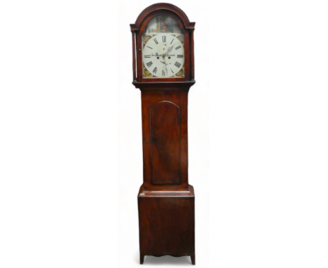 A mahogany longcase clock by Jas Black, Berwick - the painted dial with foliate spandrels and Roman numerals with subsidiary 