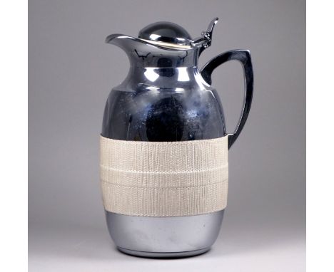 A GioBagnara vacuum flask - polished chrome with a turquoise textured leather band, height 24cm.