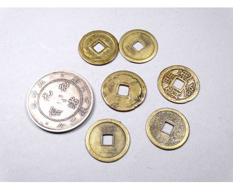 Six Chinese coins - together with a Chinese silver dollar 1908.
