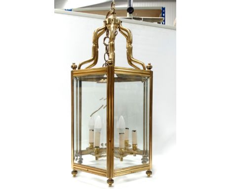 A Georgian style brass hexagonal hall lantern - height 83cm.