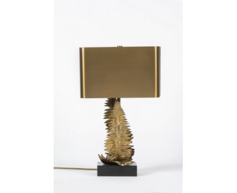 MAISON CHARLESLampe modèle « Fougères » à deux lumières en bronze doré, circa 1970A décor double face, abat-jour en laiton br