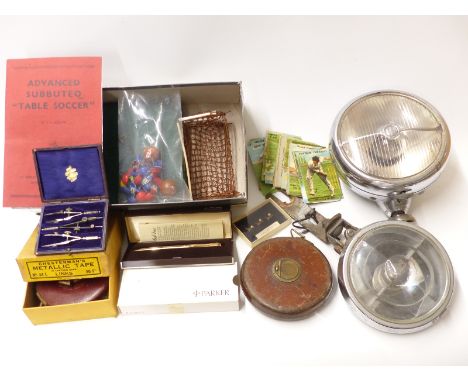 A quantity of collectables including Subbuteo, Lucas spotlights, tape measures, Parker pen etc 