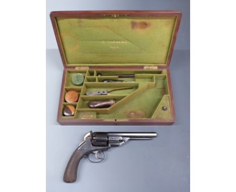 E. Lefaure of Paris retailed English 54 bore six-shot double action percussion hammer action revolver with engraved frame, tr