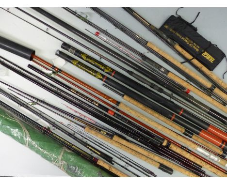 A collection of coarse fishing rods and umbrella to include Tri-cast 10m carbon pole, Albatross trophy pole, vintage Sportex 