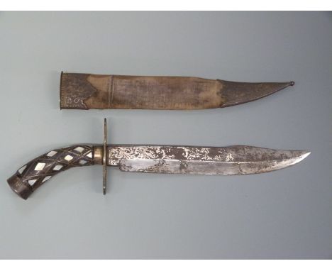 Ceylonese dagger with mother of pearl insets to handle and wooden scabbard with engraved locket and chape, blade length 25cm