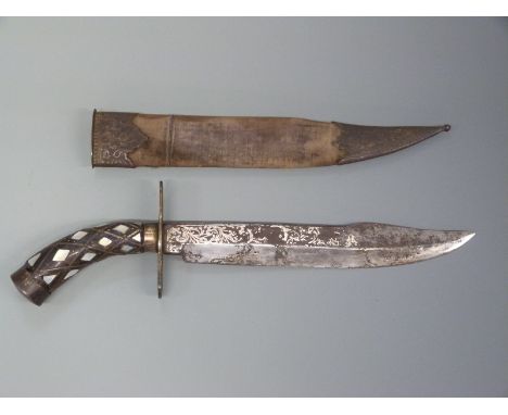 Ceylonese dagger with mother of pearl insets to handle and wooden scabbard with engraved locket and chape, blade length 25cm