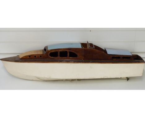 Possibly E.Keil & Co Aerokits Sea Queen wooden model boat with Toplin or similar twin cylinder diesel engine, 118cm long. 