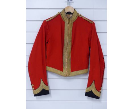 Victorian c1865 16th Lancers officer's jacket of scarlet cloth with 1 inch gold braiding to front collar waist and cuffs, gol
