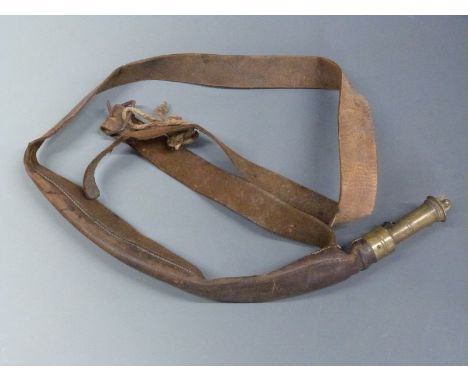 Sykes leather and brass shot flask with shoulder sling, 40cm long. 