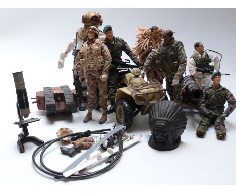 Seven Action Man figures together with various vehicles and accessories, a model of a cannon, wooden tank and a cast iron bus