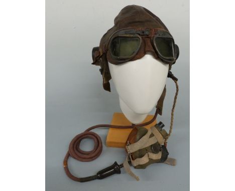 WWI Type C flying helmet with goggles, tinted lenses and oxygen mask