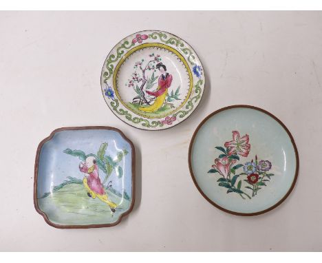 Three Chinese enamel pin dishes, two decorated with figures and one floral design 