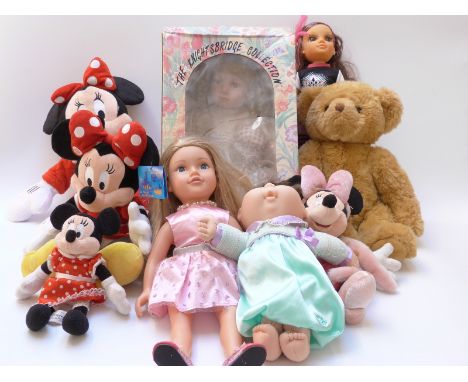 Collection of dolls and soft toys to include Disney Minnie Mouse, Cabbage Patch Kids, Rainbow Brite, Kermit the Frog etc