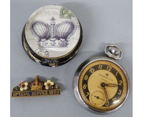 Victorian enamel badge inscribed Special Service 1893 together with a trinket box and an Ingersoll pocket watch