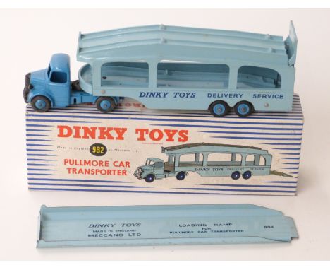 Dinky Toys diecast model Pullmore Car Transporter with mid blue cab and hubs, light blue trailer and 'Dinky Toys Delivery Ser