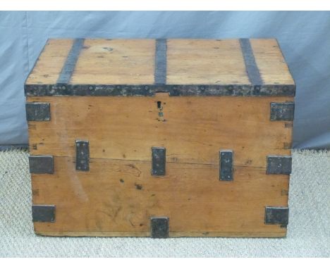 Pine travelling trunk with metal corners and mounts, W83 x D57 x H53cm