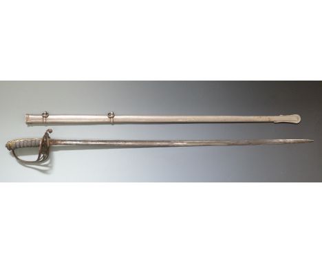 British Army Infantry officer's sword c1860 with Gothic pierced gilt brass half basket hilt, with metal scabbard, blade lengt