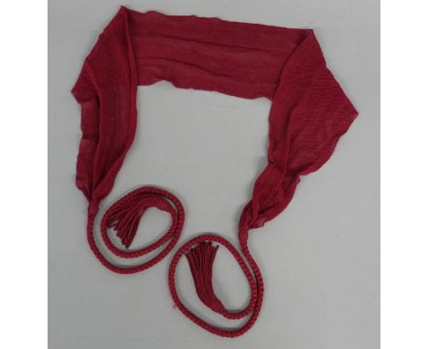 British Army officer's 19thC crimson sash in open weave fabric with cords and tassels, part of the Sir Thomas Woollaston Whit