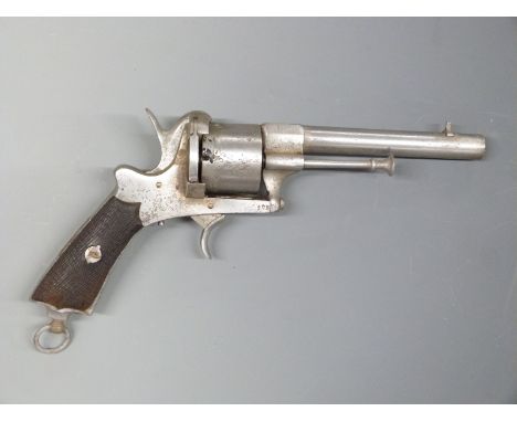Unnamed 11mm pinfire six-shot double action revolver with chequered wooden grips, suspension loop to butt and 5.5 inch part o