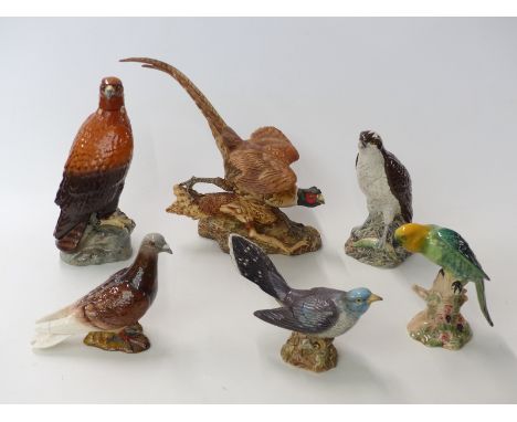 Six Beswick bird figures including pheasant, pigeon, decanters etc 