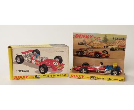 Dinky Toys diecast model Lotus F1 Racing Car with metallic red body, blue engine, yellow wing and racing number 7, in origina